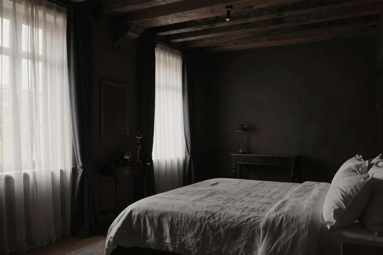 Chambre aux draps de lin, poutres de chêne, lumière du matin