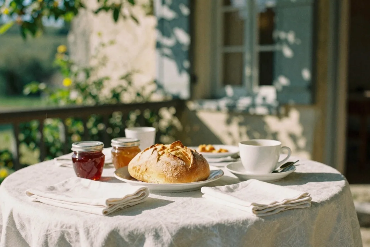 Petit-déjeuner servi dans la véranda, pain, confitures maison, lumière du matin