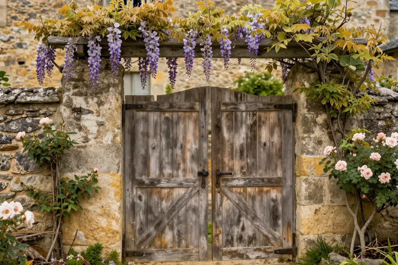 Porte du jardin clos, glycine et roses grimpantes