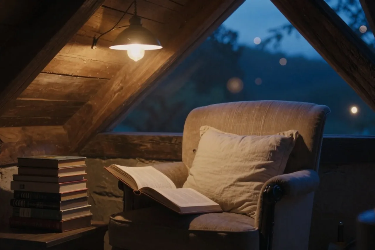 Coin lecture sous combles, fauteuil ancien, pile de livres, lumière d'après-midi
