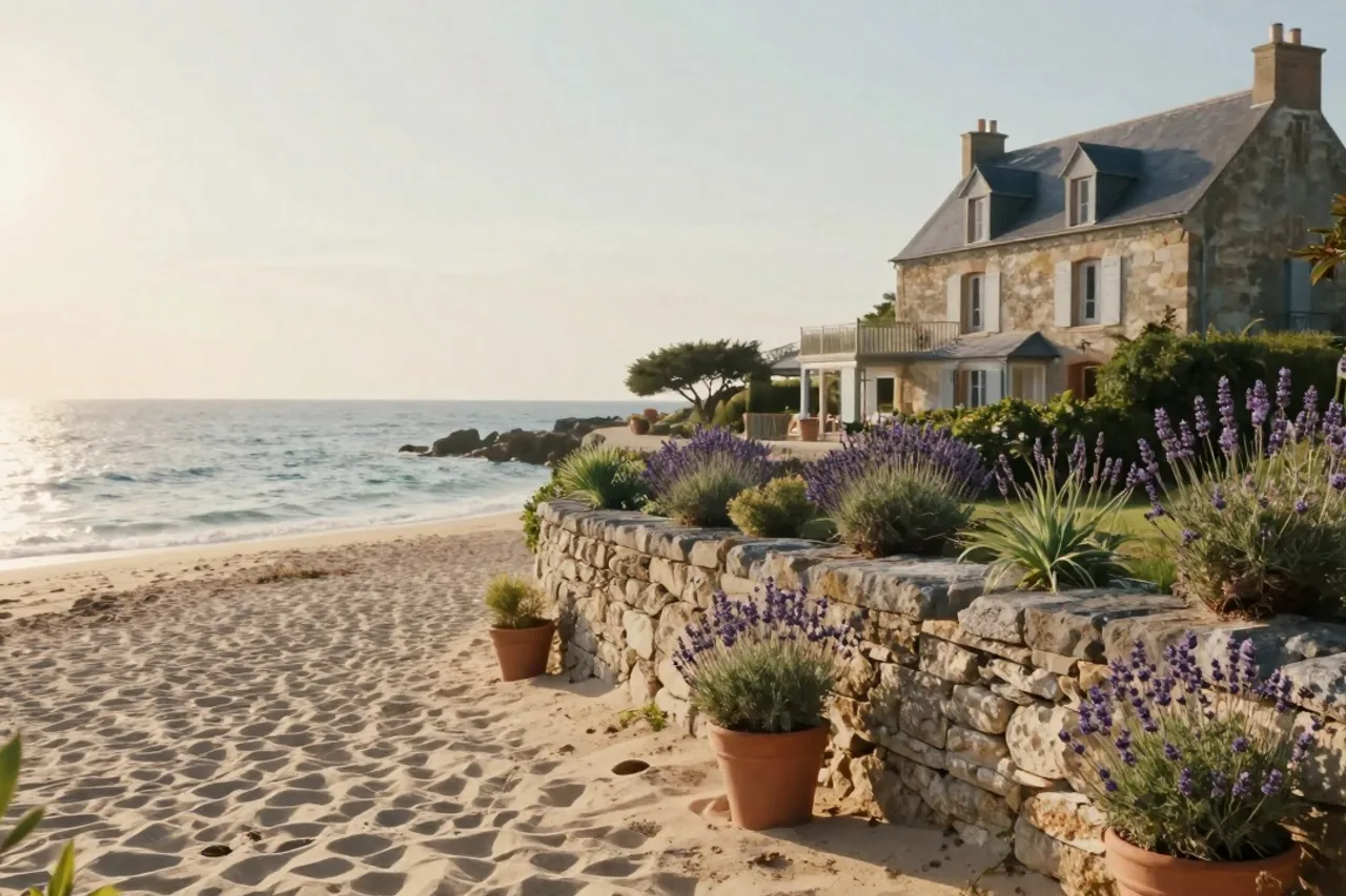 Jardin clos, mur de pierre, lavande et pots en terre cuite, lumière du soir