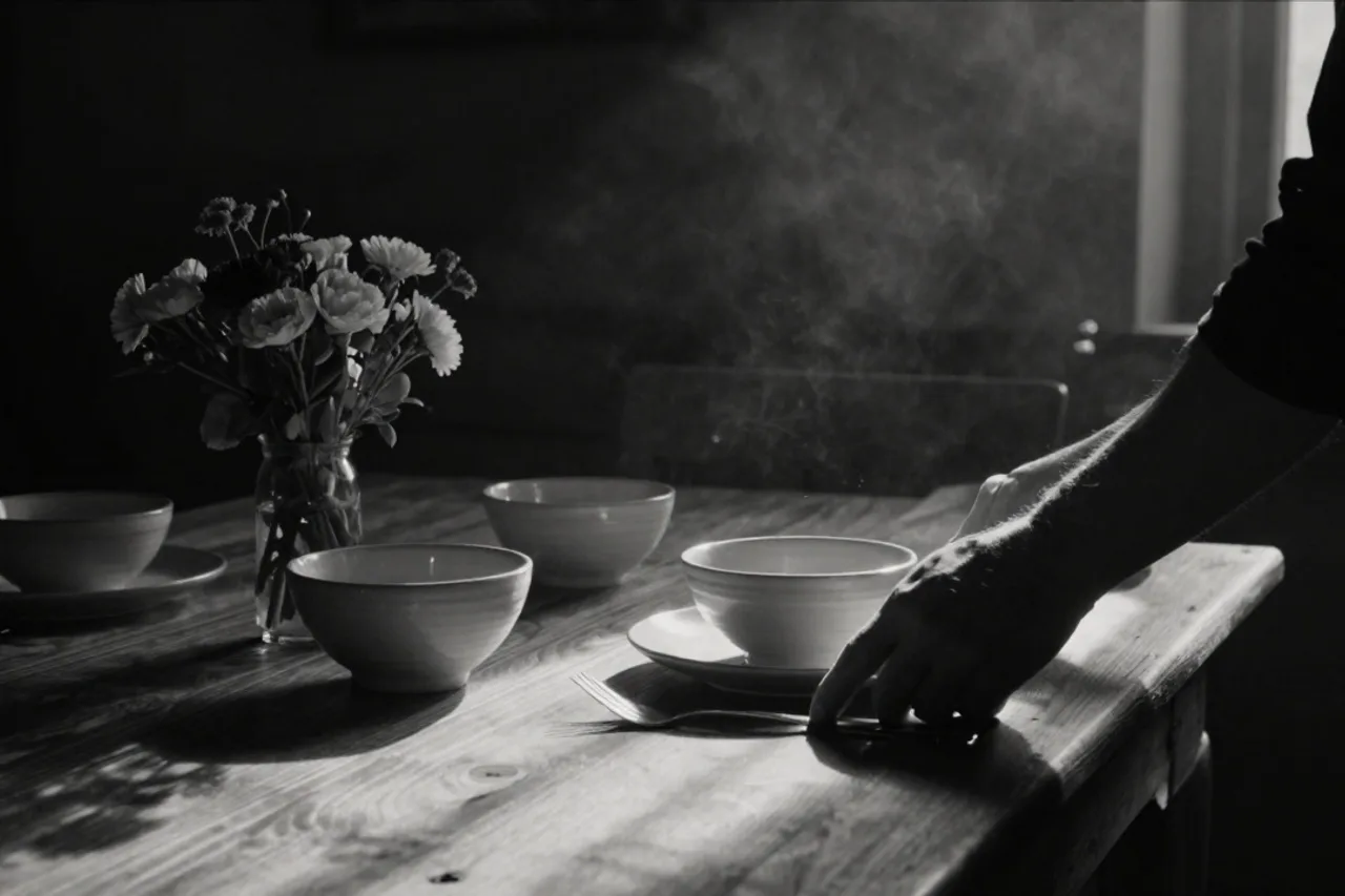 Mains de l'hôte dressant la table du petit-déjeuner, bols en céramique, fleurs fraîches